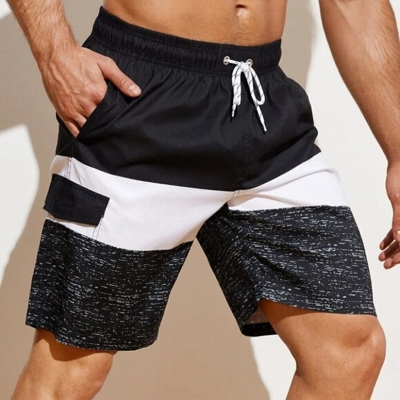 Black Vacation Style Men's Color Block Swim Trunks - Picture 1 of 5
